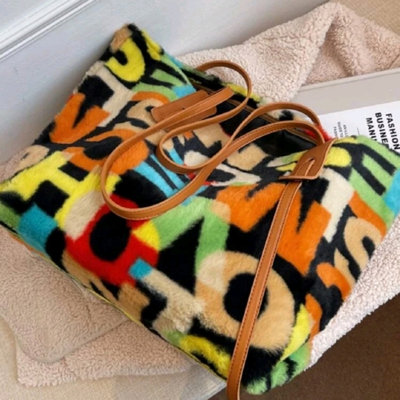 Letter Graphic Fluffy Shoulder Bag - Picture 2 of 6